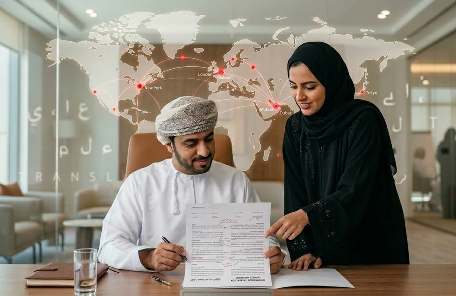 موظف يستخدم شاشة رقمية لخدمات الترجمة